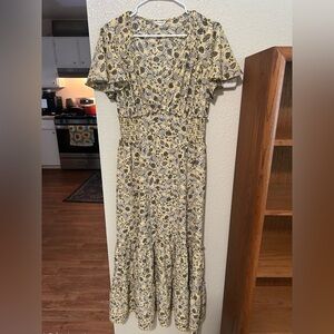 Max Studio Yellow Floral Smocked Waist Midi Dress